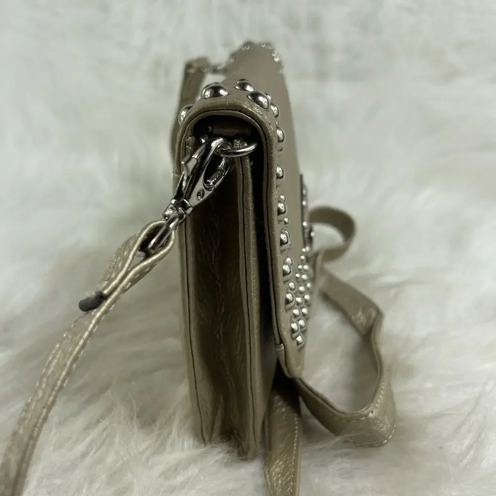 GRACE ADELE Gold Leather Clutch With Leather Flower Crossbody Style